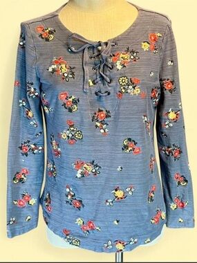 💛Caslon Embroidered Blue Floral Lace-up Long Sleeve Top • Nordstrom